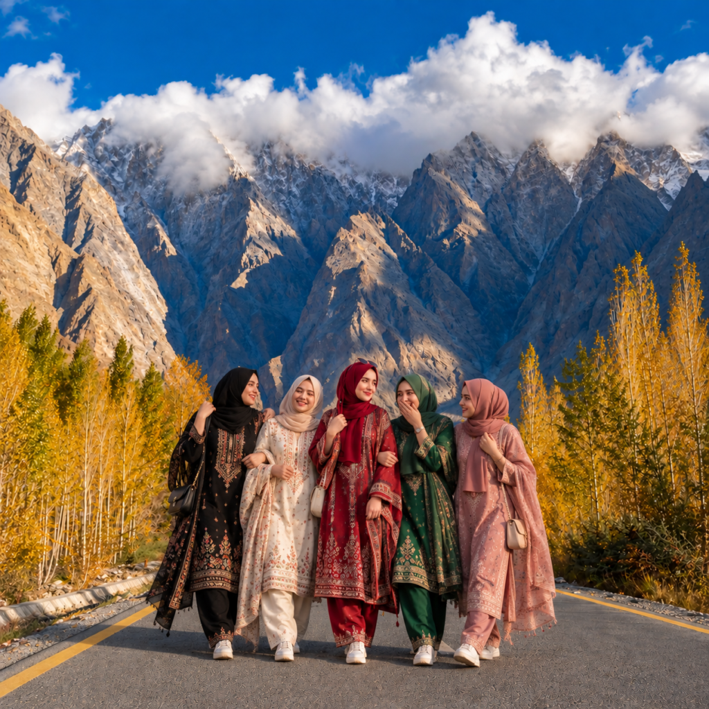 joyful friends in mountain autumn